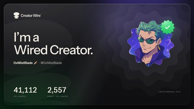 Creator Wire badge for user 'OxMistBlade' (@OxMistBlade) with 41,112 followers and 2,557 smart followers, featuring a teal-haired anime-style avatar with sunglasses. Text reads 'I'm a Wired Creator.' with creatorwire.xyz branding.