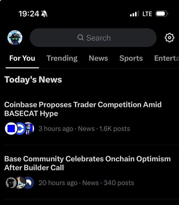 A mobile app screenshot shows 'Today's News' on the 'For You' tab, featuring headlines 'Coinbase Proposes Trader Competition Amid BASECAT Hype' and 'Base Community Celebrates Onchain Optimism After Builder Call'.