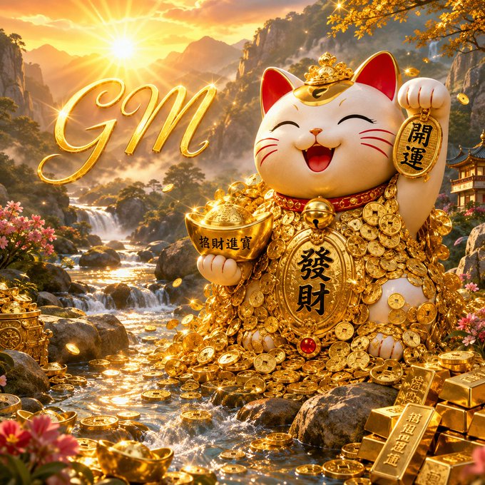 A vibrant, AI-generated illustration of a smiling Maneki-neko (lucky cat) sitting in a stream of gold coins, holding a gold ingot, with the letters 'GM' displayed in the sky.