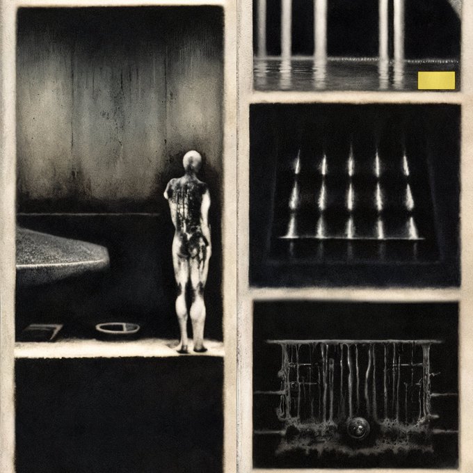A dark, fragmented composition shows a faceless humanoid figure standing in a shadowy room on the left, alongside three smaller panels depicting abstract illuminated forms, geometric shapes, and dripping structures, all arranged in a collage-style format with grainy, textured black-and-white imagery. The artwork's haunting, surreal atmosphere of isolation and decay visually reinforces the post's theme of remixing unreleased collection pieces, presenting the original artwork as a deconstructed, "cut and stitched" version as described by the artist GM.
