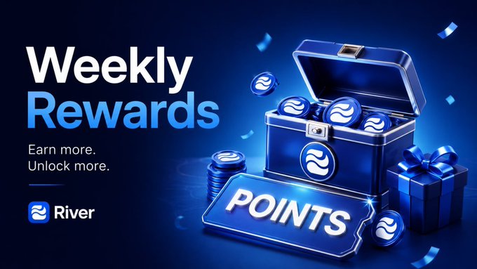 An advertisement for River 'Weekly Rewards' displays a blue chest and gift box overflowing with tokens next to a 'POINTS' badge.