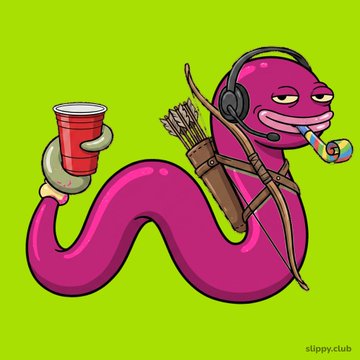 A cartoon illustration of a pink worm-like creature wearing headphones, holding a red cup and a bow with arrows, set against a bright green background with a 'slippy.club' watermark.