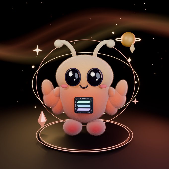 A 3D rendered cute, fluffy orange creature with large eyes, antennae, and a small screen on its chest, set against a cosmic background with planets and stars.