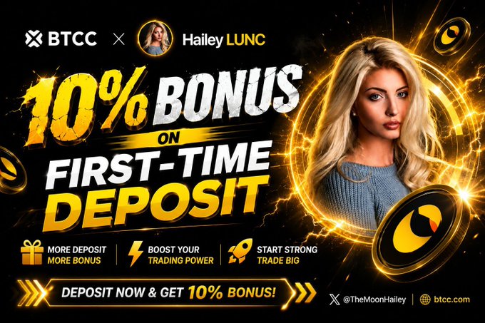 The promotional image for the BTCC × Hailey LUNC campaign features a blonde woman against a fiery, gold-accented background, advertising a 10% bonus on first-time deposits with call-to-action prompts like "DEPOSIT NOW & GET 10% BONUS!" and the URL btcc.com. The bold yellow and white text along with lightning bolt graphics reinforces the energetic crypto trading theme, directly supporting the post's invitation to deposit and unlock bonus rewards.
