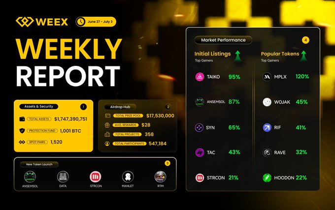 A 'WEEKLY REPORT' dashboard dated 'June 27 - July 3' showing crypto market performance with 'Initial Listings' top gainers (TAIKO 95%, ANSEMSOL 87%, SYN 65%, TAC 43%, STRCRON 21%) and 'Popular Tokens' top gainers (MPLX 120%, WOJAK 45%, RIF 41%, RAVE 32%, HOODON 22%).
