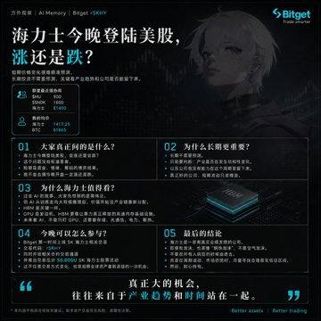 A Bitget promotional graphic titled "海力士今晚登陆美股,涨还是跌?" (SK Hynix listing tonight on US stocks, will it rise or fall?) highlights entry points for Micron ($MU at $900), SanDisk ($SNDK at $1600), and SK Hynix at $1400, alongside personal average prices of $1,417.25 for SK Hynix and $61,665 for BTC—matching the shared portfolio details from the TG group post.