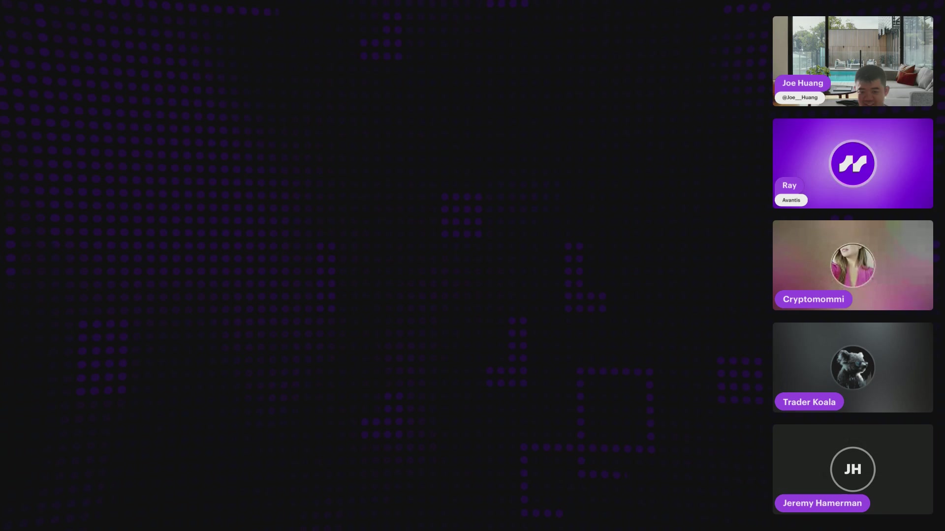 The image displays an advertisement with a dark background featuring small purple dots arranged in different shapes, such as squares, circles, and ovals. This design pattern could symbolize an idea or concept that needs further explanation or elaboration.