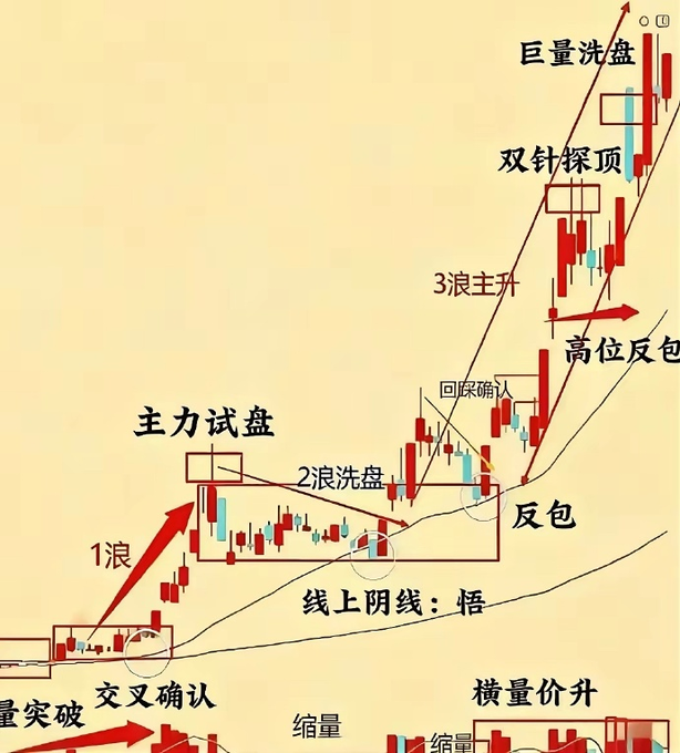This image is a Chinese technical analysis chart illustrating a bullish wave pattern, annotated with key stages of price action and labeled in Chinese. The chart depicts a sequence starting from the bottom-left with "1浪" (Wave 1) and "量突破交叉确认" (volume breakout and crossover confirmation), progressing through "主力试盘" (main force testing the market), "2浪洗盘" (Wave 2 shakeout/washout), "回踩确认" (pullback confirmation), "线上阴线：悟" (bearish candle on the line: enlightenment), "3浪主升" (Wave 3 main rise), "反包" (bullish engulfing), "高位反包" (high-level bullish engulfing), "双针探顶" (double pin top), and culminating at the top-right with "巨量洗盘" (massive volume shakeout). The chart visually supports the post's advice to "identify the shakeout" by showing how