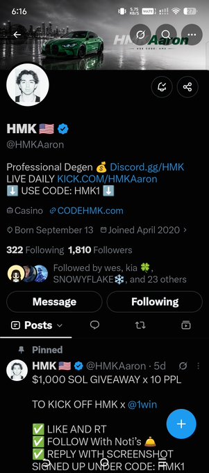 A Twitter/X profile page for HMK (@HMKAaron) showing a "$1,000 SOL GIVEAWAY x 10 PPL" pinned post with the code "HMK1," aligning with the caption's mention of following and using code HMK1 for a giveaway opportunity. The profile displays 322 following, 1,810 followers, and joined April 2020.