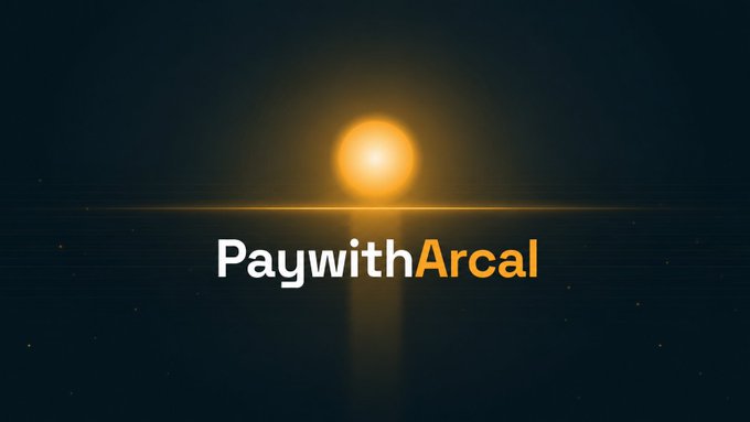 A logo graphic displays 'PaywithArcal' in white and orange text against a dark background illuminated by a glowing sun-like light with a lens flare.