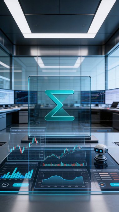 The image shows a dashboard with a robot sitting at its workstation, surrounded by computer screens displaying various graphs and data related to trading and asset management. The robot appears to be actively monitoring the market and making decisions based on the displayed information. The dashboard is set against a blue wall that contrasts with the white ceiling. In addition to the dashboard, there are two computer monitors placed at different positions in front of it, providing more data visualization for analysis. The overall appearance suggests advanced technological capabilities, particularly related to asset management or trading activities.