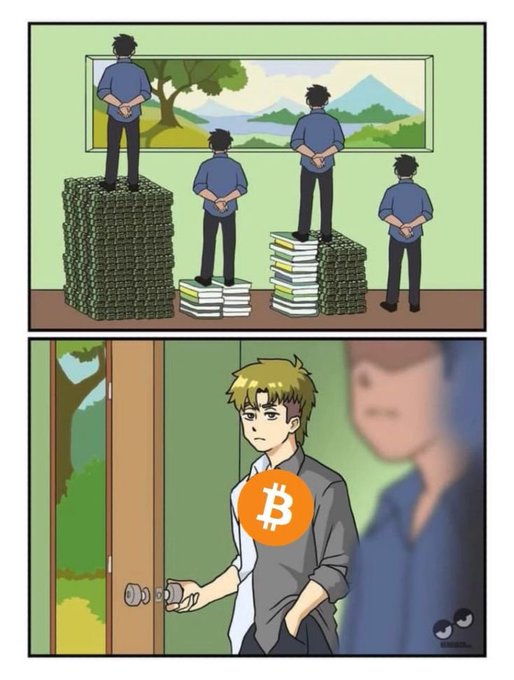 The image features a cartoon depiction of four people standing around a room, with one person holding an orange Bitcoin symbol. The scene takes place inside a house or apartment, which has a green door and a window. The group appears to be engaged in conversation or observing something happening outside the room. The post suggests that everyone is focused on the present moment, possibly discussing the current Bitcoin value or its impact on their lives.