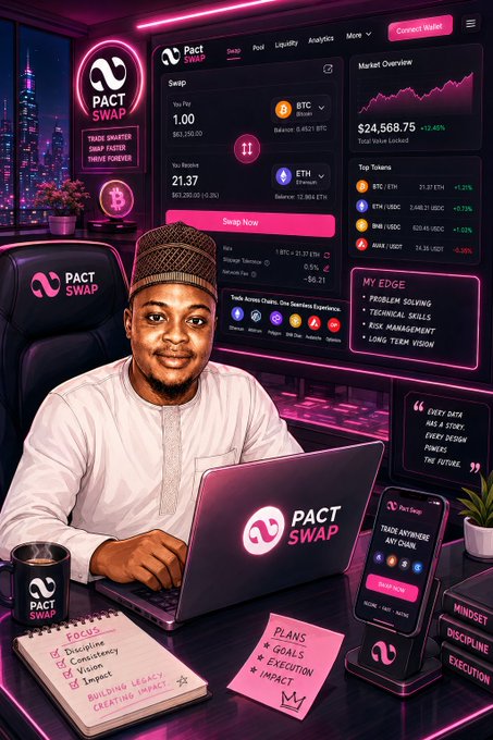 The image features a man sitting at a desk with a laptop computer open in front of him, surrounded by various items such as a cup, a book, and a plant. The man appears to be working or studying, possibly using a cryptocurrency exchange like @PactSwap for trading native Bitcoin for Ethereum. The post highlights the benefits of this exchange, including lower fees, better leverage, and more efficient cross-chain transactions.