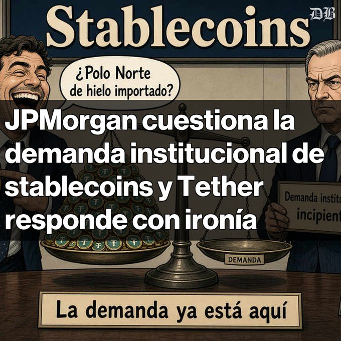 A cartoon image titled "Stablecoins" with Spanish text "JPMorgan cuestiona la demanda institucional de stablecoins y Tether responde con ironía," depicting two men on either side of a balance scale weighing Tether coins against institutional demand.