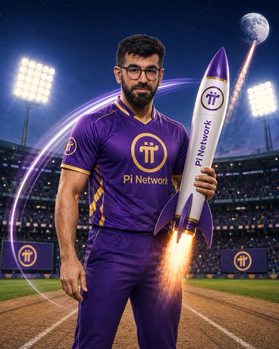 A man in a purple 'Pi Network' jersey holding a rocket emblazoned with the Pi logo at a stadium under a moonlit sky.