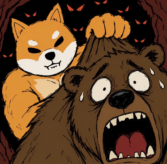 The cartoon image shows a calm orange Shiba Inu (the $SHIB meme mascot) firmly holding down a terrified, wide-eyed bear, with menacing red eyes lurking in the dark background.

The imagery plays on the idiom "squeezing the life out of the bear market," with the Shiba Inu dominating the bearish figure—visually reinforcing the post's message that $SHIB is not dying, but rather overpowering bearish sentiment.