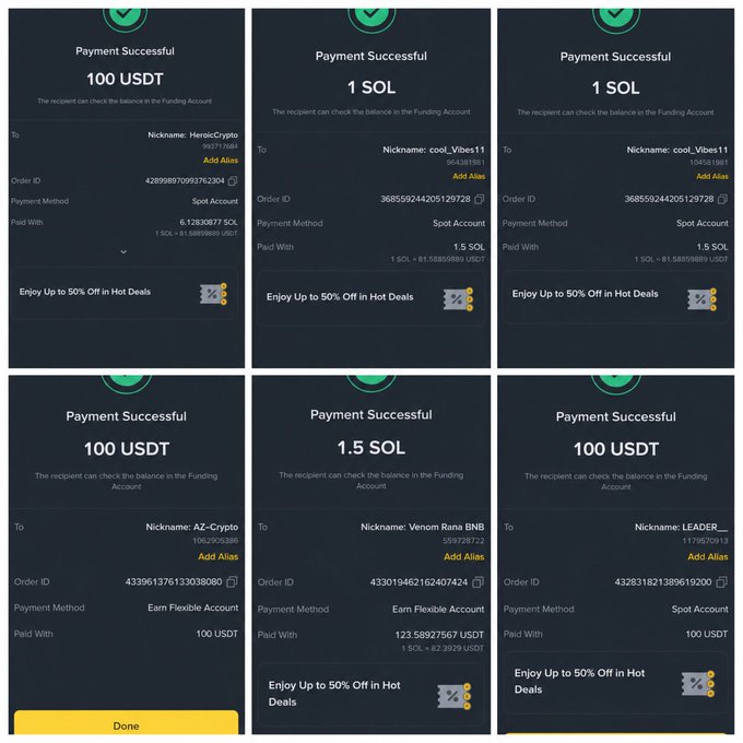 The image displays a collage of six "Payment Successful" screenshots from a cryptocurrency platform, showing transactions of 100 USDT and 1-1.5 SOL sent to various recipients (HeroicCrypto, cool_Vibes11, AZ-Crypto, Venom Rana BNB, LEADER_, and others) via Spot Account and Earn Flexible Account methods. This serves as "proof" screenshots to back up the post's claim of blessing $100 to multiple people, likely intended to encourage engagement (retweets) from users hoping to receive similar crypto giveaways.