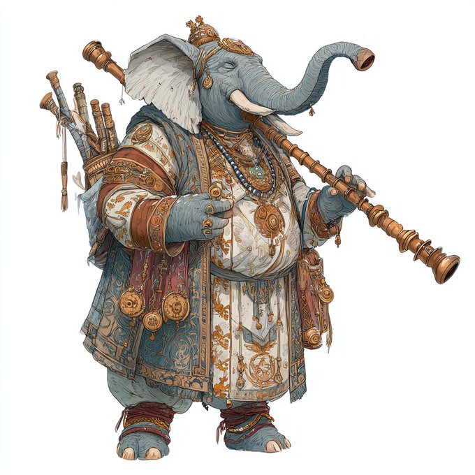 An illustration of an anthropomorphic elephant dressed in elaborate, ornate robes and jewelry, wearing a crown, and carrying a long musical instrument and other items on its back.
