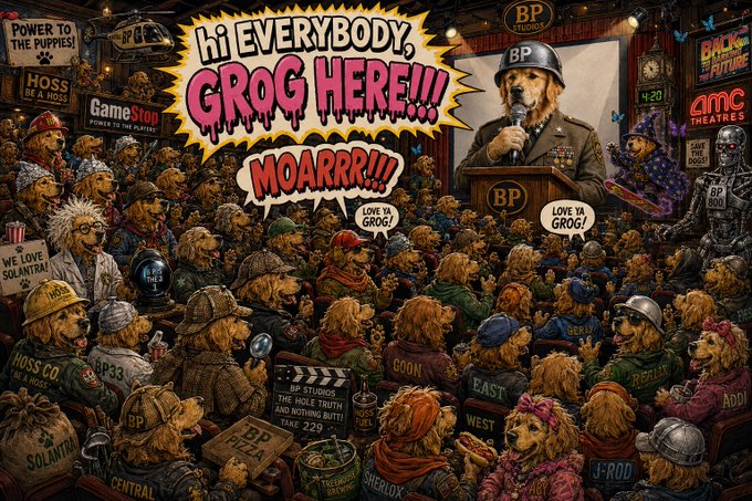 A meme illustration with text 'hi EVERYBODY, GROG HERE!!! MOARRR!!!' featuring dogs in a crowd and one dressed as a Nazi officer at a BP podium, with signs like 'WE LOVE SOLANTRA' and 'POWER TO THE PUPPIES.'