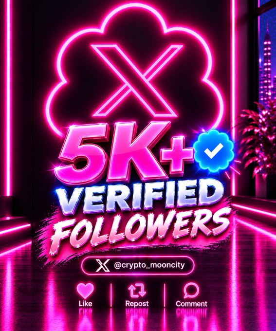 A neon-styled promotional graphic announces "5K+ VERIFIED FOLLOWERS" with the handle @crypto_mooncity and social media interaction buttons.