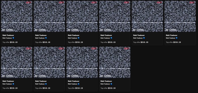 A grid of identical listings for "Rokt Treehouse" (Rokt Treehouse) showing "Top offer: $219.10," each featuring a screen full of stock "loss porn" chart patterns with small red downward arrows in the corner—visually capturing the poster's "RWD" (Reddit Wipeout Day) and $REKT feeling about their recent trading losses.