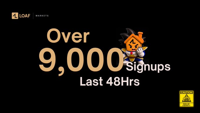 The image shows a promotional graphic for LOAF Markets announcing "Over 9,000 Signups Last 48Hrs" alongside a stylized orange loaf bread character mascot, celebrating the rapid user growth described in the accompanying post about their waitlist rollout and early user incentives.