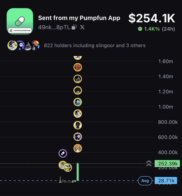 A Pumpfun app token tracker screenshot shows "Sent from my Pumpfun App" reaching $254.1K market cap with a 1.4% gain over 24 hours and 822 holders, featuring a candlestick chart with notable top holders and an average entry of 28.71k. The image accompanies a post celebrating the token's performance, suggesting the user is sharing a successful call on this meme coin.
