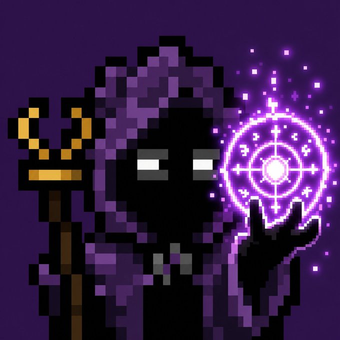 A pixel art illustration of a hooded figure in a purple robe holding a glowing purple magical orb with runic symbols, while gripping a golden staff in their other hand against a dark purple background.