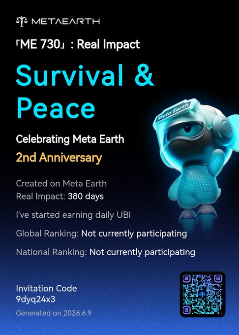 The image features a blue banner with a cartoon character wearing a helmet, likely representing a robot or spaceship, standing in front of text that says "I’ve started earning daily unconditional basic Income & helping more people do the same Create your impact with us and win up to $20,000 in rewards! Join here: i.mec.me/en-US/a?p=mini #ME730". This post promotes a platform named "MetaEarth" that encourages individuals to create impacts by offering income for their work. The image is primarily focused on the title and text of the post and features an interesting, eye-catching cartoon character, which might be used as a logo or visual element to attract viewers' attention.
