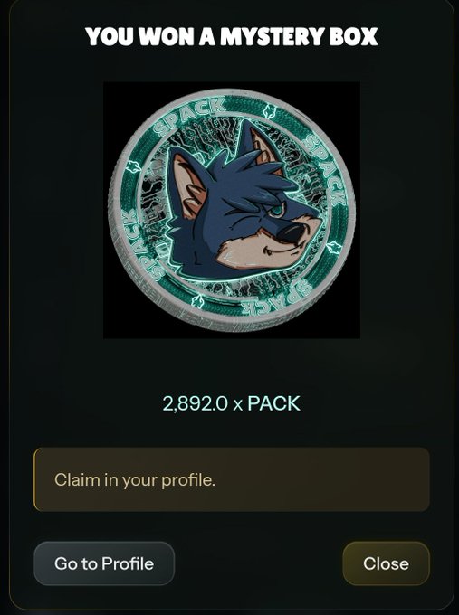 The image shows an app screen with a message that reads "You won a mystery box" followed by a picture of a dog's head, possibly a wolf or a fox. The text also mentions that the user has won 2,898 $PACK from a simple swap on @wolfswapdotapp.