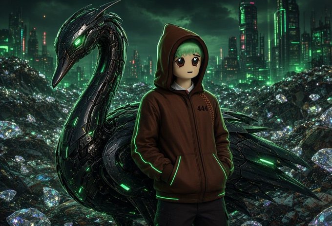 An anime-style illustration features a green-haired character in a brown hoodie with the number '444' standing next to a large, dark mechanical dragon in a cityscape illuminated by green lights.