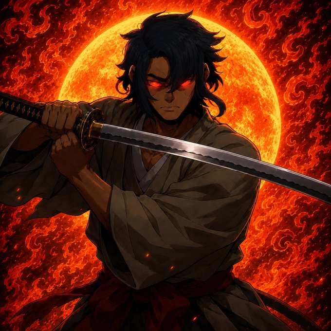 An anime-style illustration depicts a samurai warrior with glowing red eyes wielding a katana, set against a dramatic fiery red sun background.