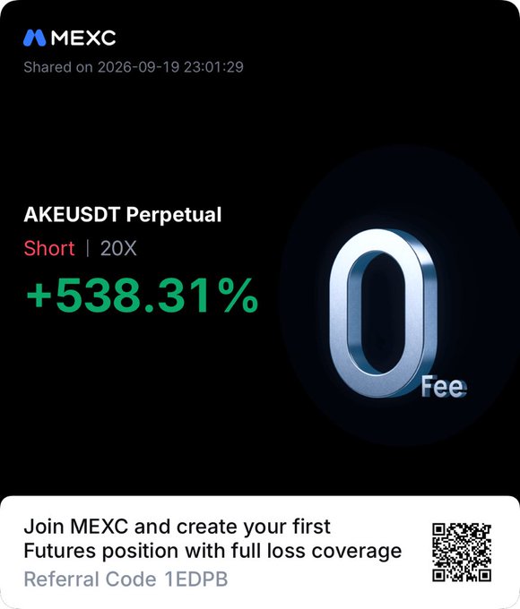 A MEXC cryptocurrency promotional image shared on 2026-09-19 23:01:29, displaying 'AKEUSDT Perpetual Short | 20X +538.31%' with a large '0 Fee' graphic and a referral code '1EDPB' at the bottom.