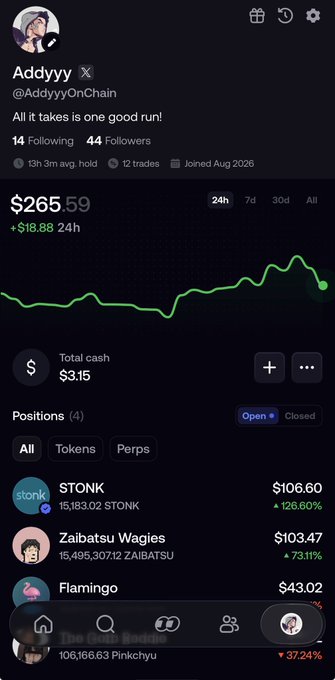 A profile screen for "Addyyy" (@AddyyyOnChain) showing a portfolio value of $265.59 with holdings in tokens STONK, Zaibatsu Wagies, and Flamingo.