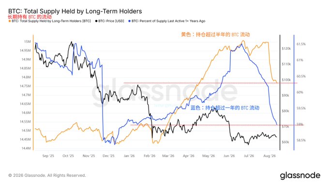 A Glassnode chart titled 'BTC: Total Supply Held by Long-Term Holders' tracking BTC supply last active over a year, BTC held over six months, and BTC price in USD from September 2025 to August 2026.