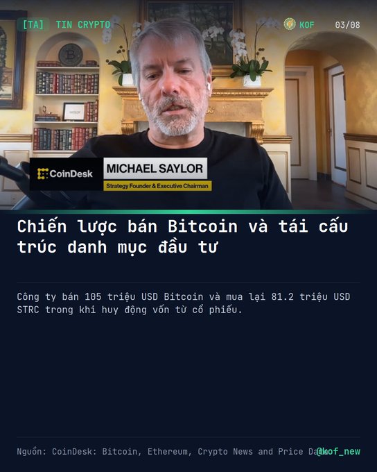 A CoinDesk video still featuring Michael Saylor (Strategy Founder & Executive Chairman) with Vietnamese text about his Bitcoin selling strategy and portfolio restructuring involving $105M in Bitcoin and $81.2M in STRC via stock fundraising.