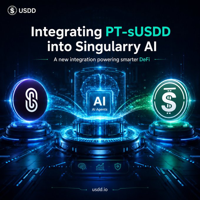 The image features three coins floating in front of a blue background with white text, which reads "integrating PT-sUSDD into Singularary AI" along with other descriptions related to the integration process. The coins are positioned at different angles, suggesting that they are floating in various directions or positions within the image.