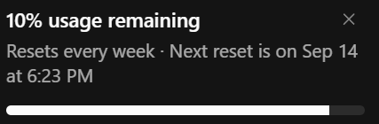 A system notification stating '10% usage remaining' with the text 'Resets every week · Next reset is on Sep 14 at 6:23 PM' and a partially filled progress bar.