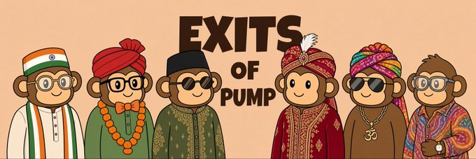 A group of six cartoon monkeys dressed in various traditional Indian cultural attire—including turbans, sherwanis, and religious garments—stand beneath the bold title "EXITS OF PUMP," referencing the Solana meme coin $EXITS tied to the Pump.fun ecosystem and its derivative token on the 15k dex.