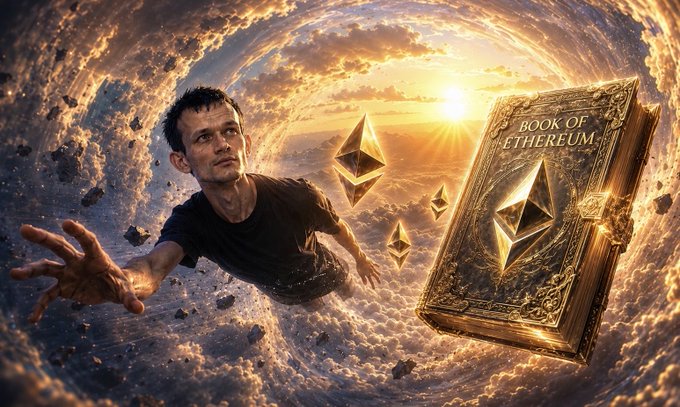 Fantasy-style image of Vitalik Buterin (Ethereum creator) floating amid clouds and golden light alongside Ethereum diamond logos and an ornate 'BOOK OF ETHEREUM' tome.
