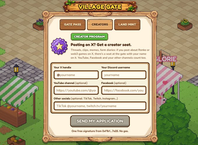 A screenshot of the 'Village Gate' interface showing a 'Creator Program' application form for Ronke with fields for X handle, Discord, YouTube, and other socials.
