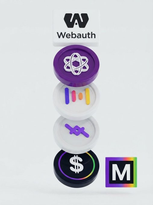 Webauth promotional graphic showing a stacked column of circular icons representing React, Monday, VS Code, and a dollar sign, with a rainbow M logo at the bottom right.