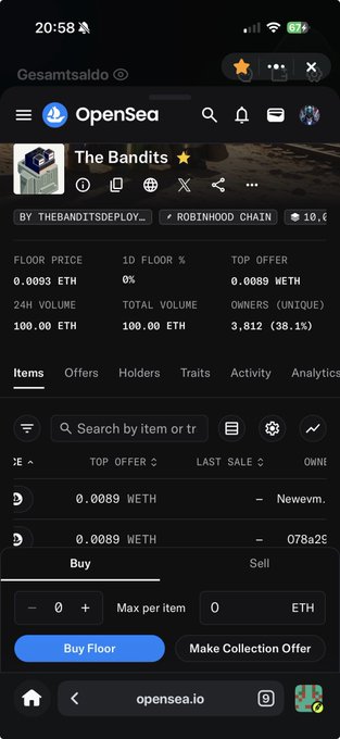 A mobile screenshot of the OpenSea NFT marketplace on the Robinhood Chain, showing a collection called 'The Bandits' with a floor price of 0.0093 ETH, 100.00 ETH 24H volume, and 3,812 unique owners.