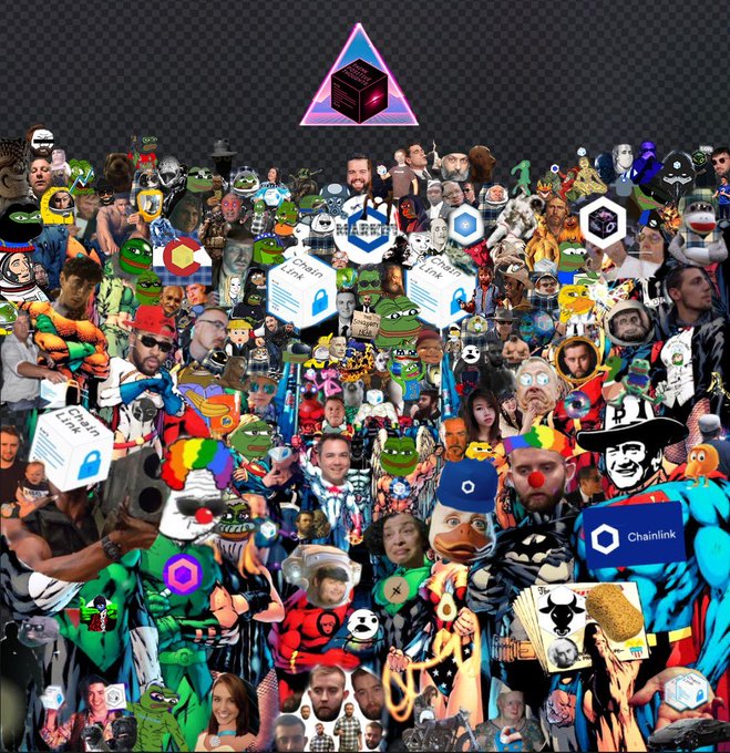 A dense digital collage featuring numerous pop culture and meme characters, along with Chainlink logos and a triangular logo with a cube at the top center.