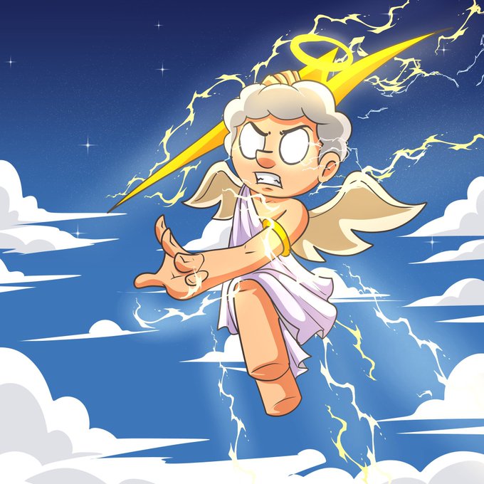 A cartoon illustration of a fierce-looking angel with glowing eyes, lightning bolts, and a halo, reaching forward with one hand extended in a dramatic pose against a blue sky.