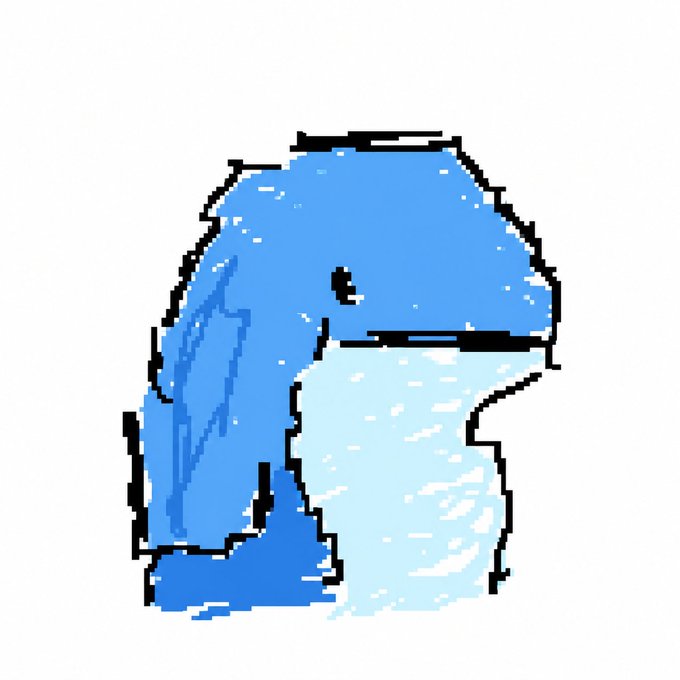 The image features a blue whale drawn in black and white, with its head turned to the left side of the frame. The whale appears to be facing away from the viewer, giving an impression that it's looking at something or someone else. The background is plain white, which makes the blue whale stand out even more. There are no other objects or texts present in the image.