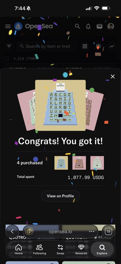A mobile screenshot of the OpenSea app showing a successful purchase of 4 items with a 'Congrats! You got it!' message and a total spent of 1,077.99 USDG.
