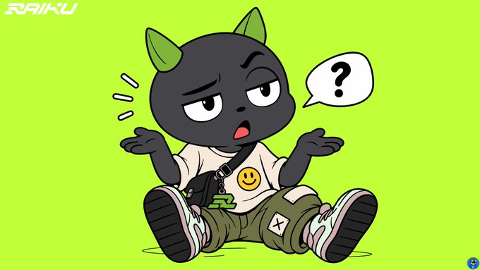 A cartoon black cat character with green horns shrugs with a question mark speech bubble on a neon green background, with 'RAIKU' text in the corner.