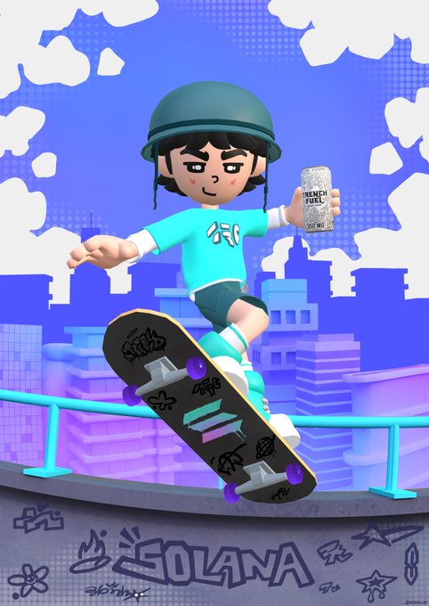 A 3D-rendered character wearing a helmet and teal outfit skateboarding while holding a 'French Fuel' can, with graffiti-style 'SOLANA' text at the bottom of the image.