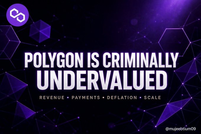 A graphic with the Polygon logo states 'POLYGON IS CRIMINALLY UNDERVALUED' highlighting Revenue, Payments, Deflation, and Scale, credited to @mujeebtium09.